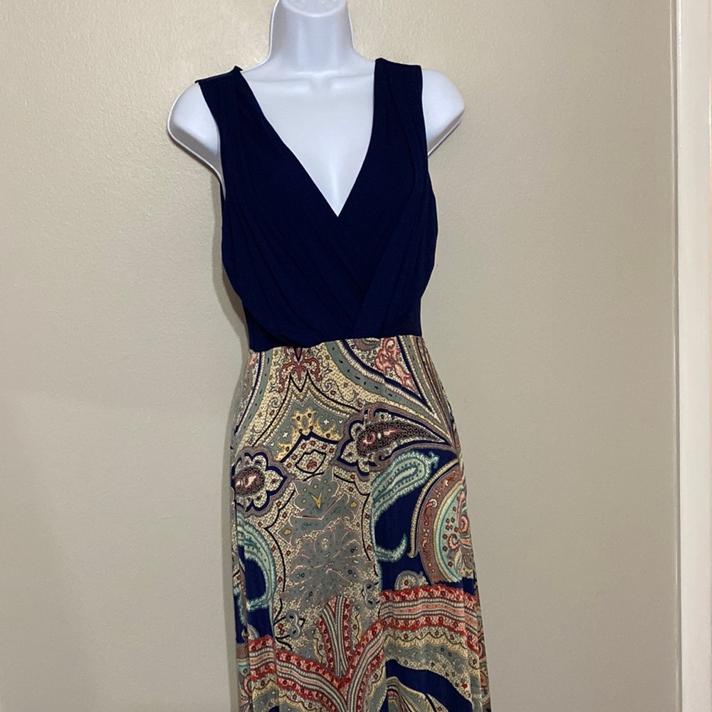 Navy and paisley long knit dress.